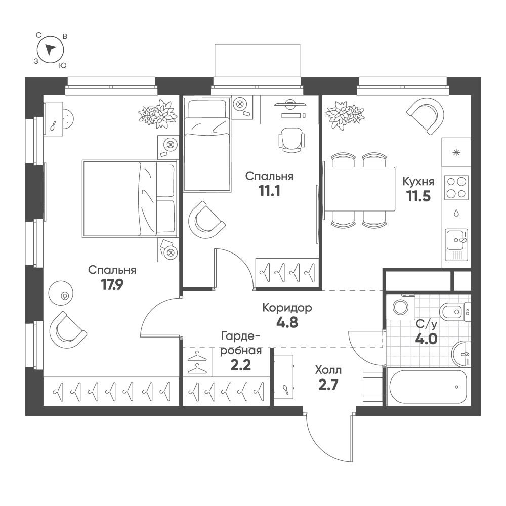 Планировка 2-комнатная квартира в ЖК Shagal (Шагал)
