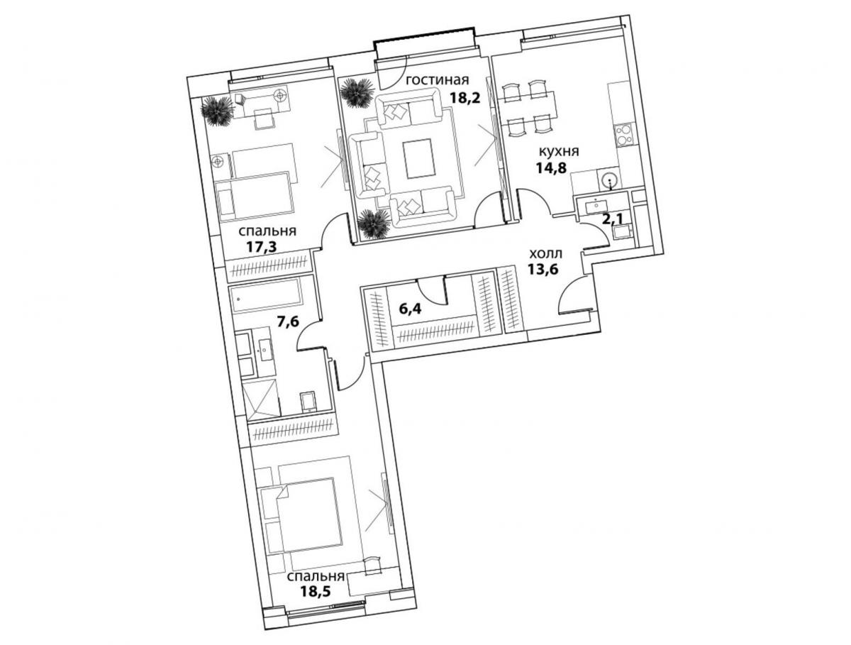 Планировка 3-комнатная квартира в ЖК "Событие"