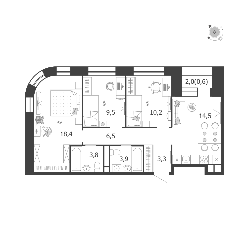 Планировка 3-комнатная квартира в ЖК Shagal (Шагал)