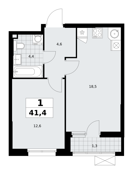 Планировка 1-комнатная квартира в ЖК "Прокшино"