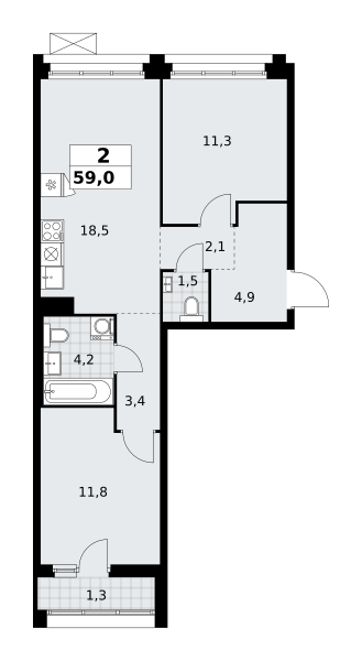 Планировка 2-комнатная квартира в ЖК "Прокшино"