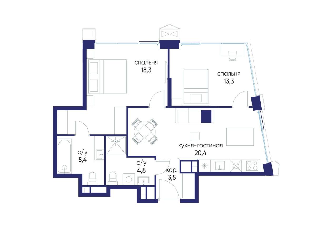 Планировка 2-комнатная квартира в ЖК "Остров"