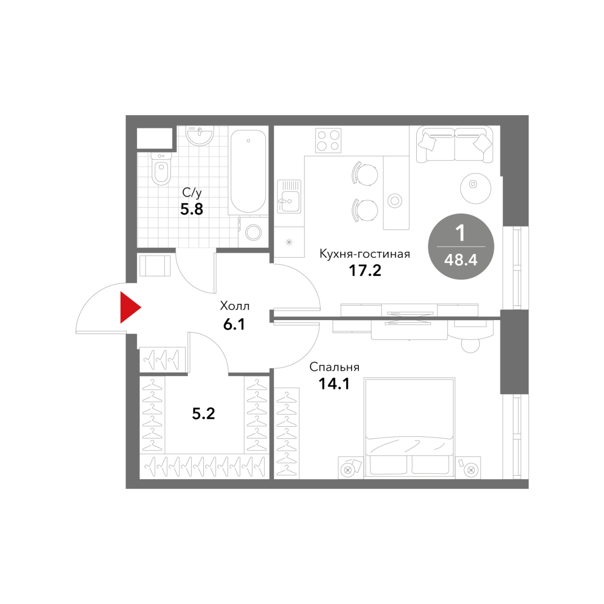 Планировка 1-комнатная квартира в ЖК Voxhall (Воксхолл)