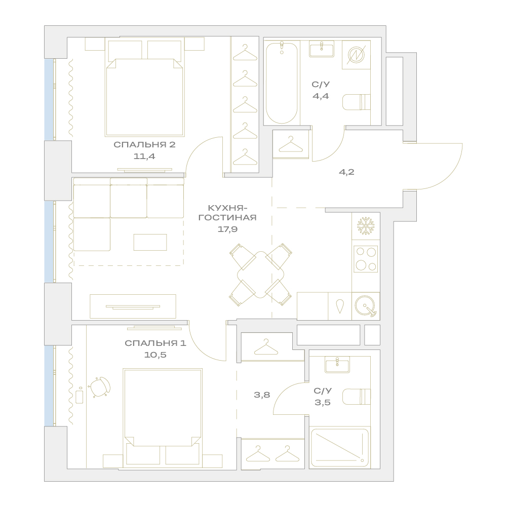 Планировка 2-комнатная квартира в ЖК "Детали"