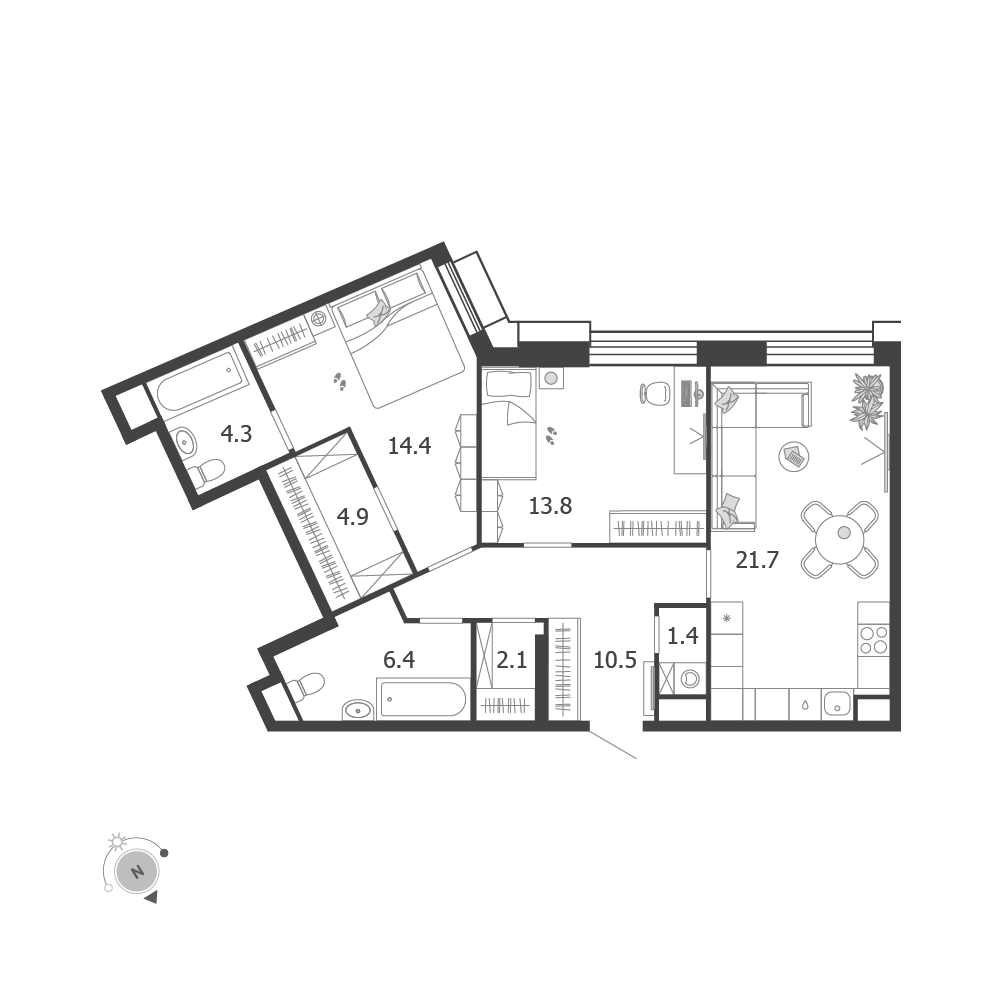 Планировка 2-комнатная квартира в ЖК Voxhall (Воксхолл)