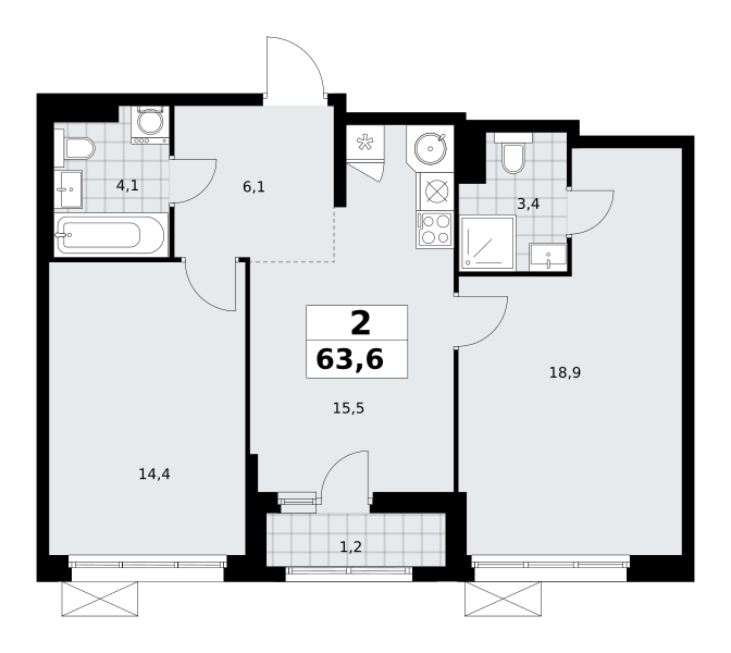 Планировка 2-комнатная квартира в ЖК "Прокшино"