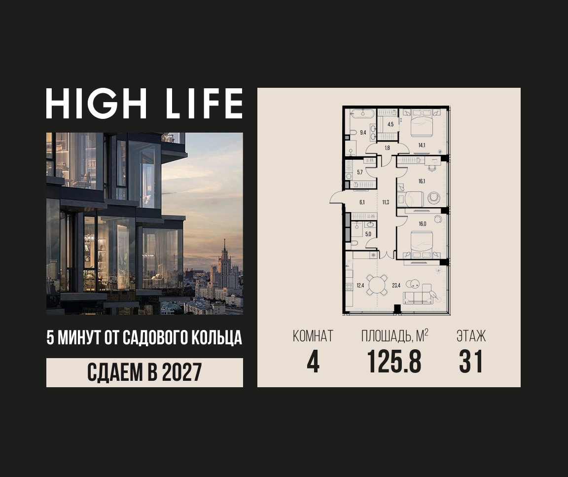 Планировка 4-комнатная квартира в ЖК "Хай Лайф" (High Life)