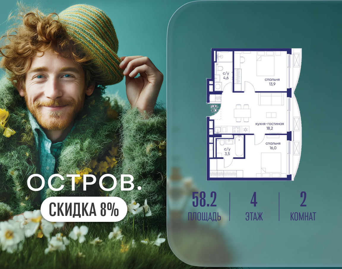 Планировка 2-комнатная квартира в ЖК "Остров"