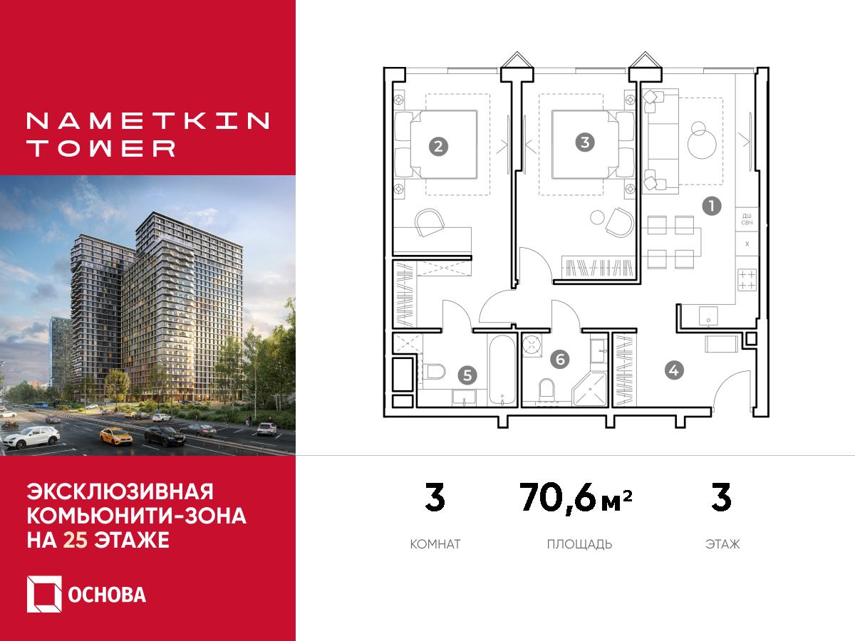 Планировка 3-комнатная квартира в ЖК Nametkin Tower (Наметкин Тауэр)