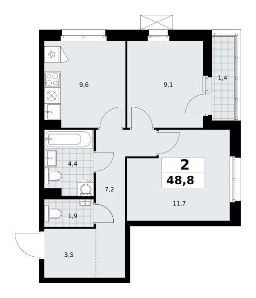 Планировка 2-комнатная квартира в ЖК "Прокшино"
