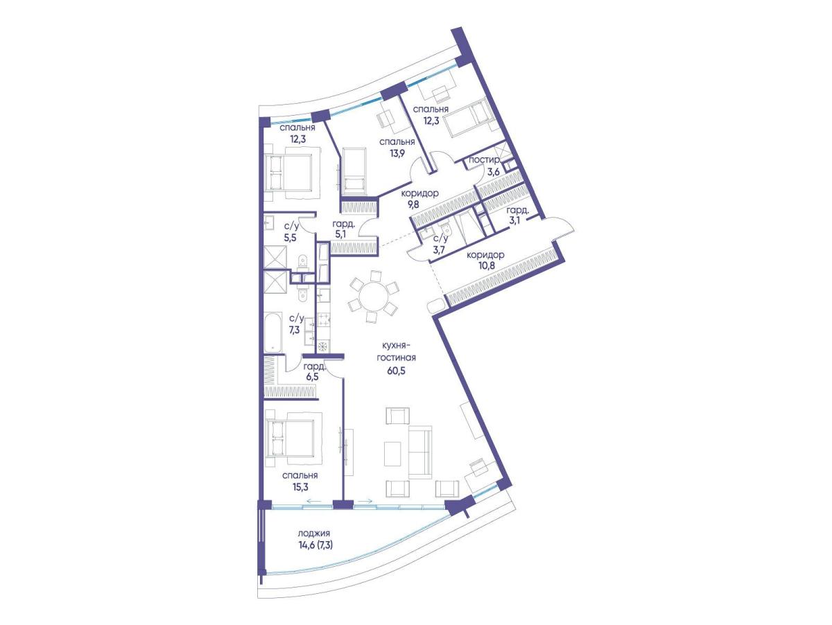 Планировка 5-комнатная квартира в ЖК "Остров"
