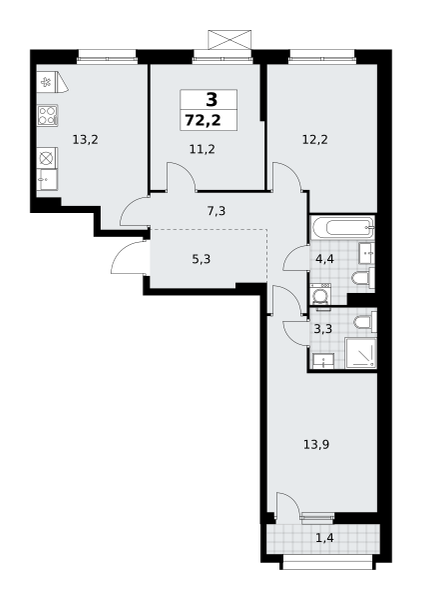 Планировка 3-комнатная квартира в ЖК "Прокшино"