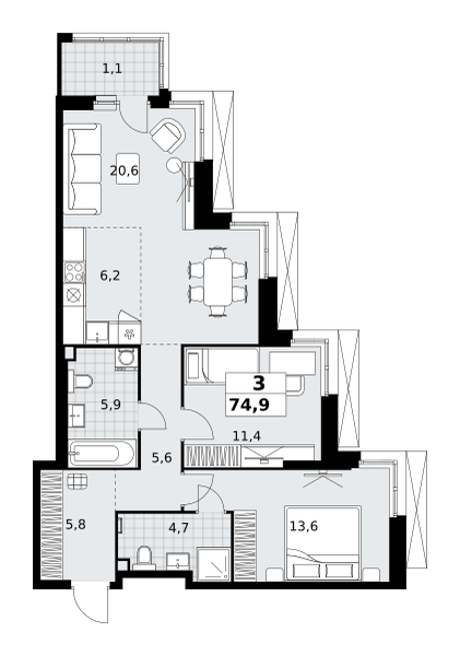 Планировка 3-комнатная квартира в ЖК "Дзен-кварталы"