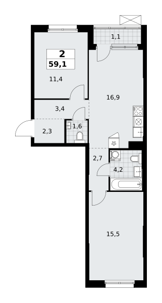 Планировка 2-комнатная квартира в ЖК "Прокшино"