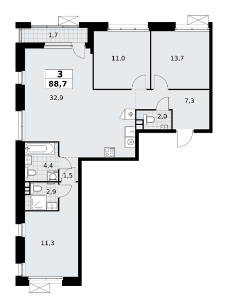 Планировка 3-комнатная квартира в ЖК "Бунинские Кварталы"