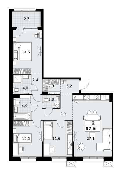 Планировка 3-комнатная квартира в ЖК "Дзен-кварталы"