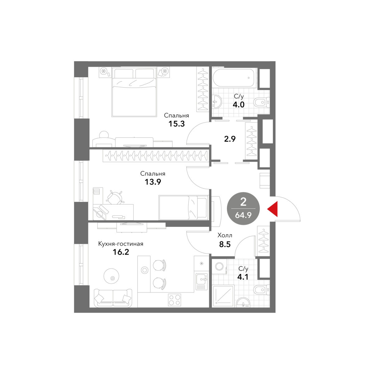 Планировка 2-комнатная квартира в ЖК Voxhall (Воксхолл)