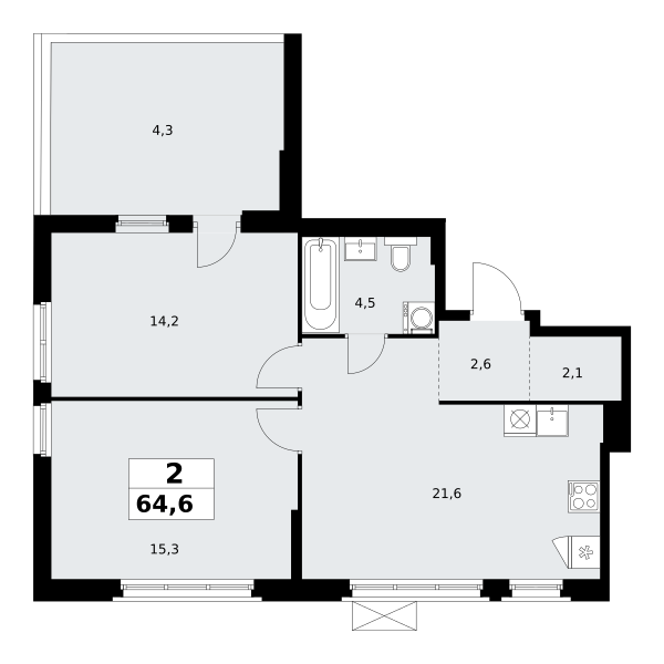 Планировка 2-комнатная квартира в ЖК "Прокшино"
