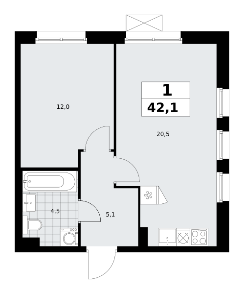 Планировка 1-комнатная квартира в ЖК "Прокшино"