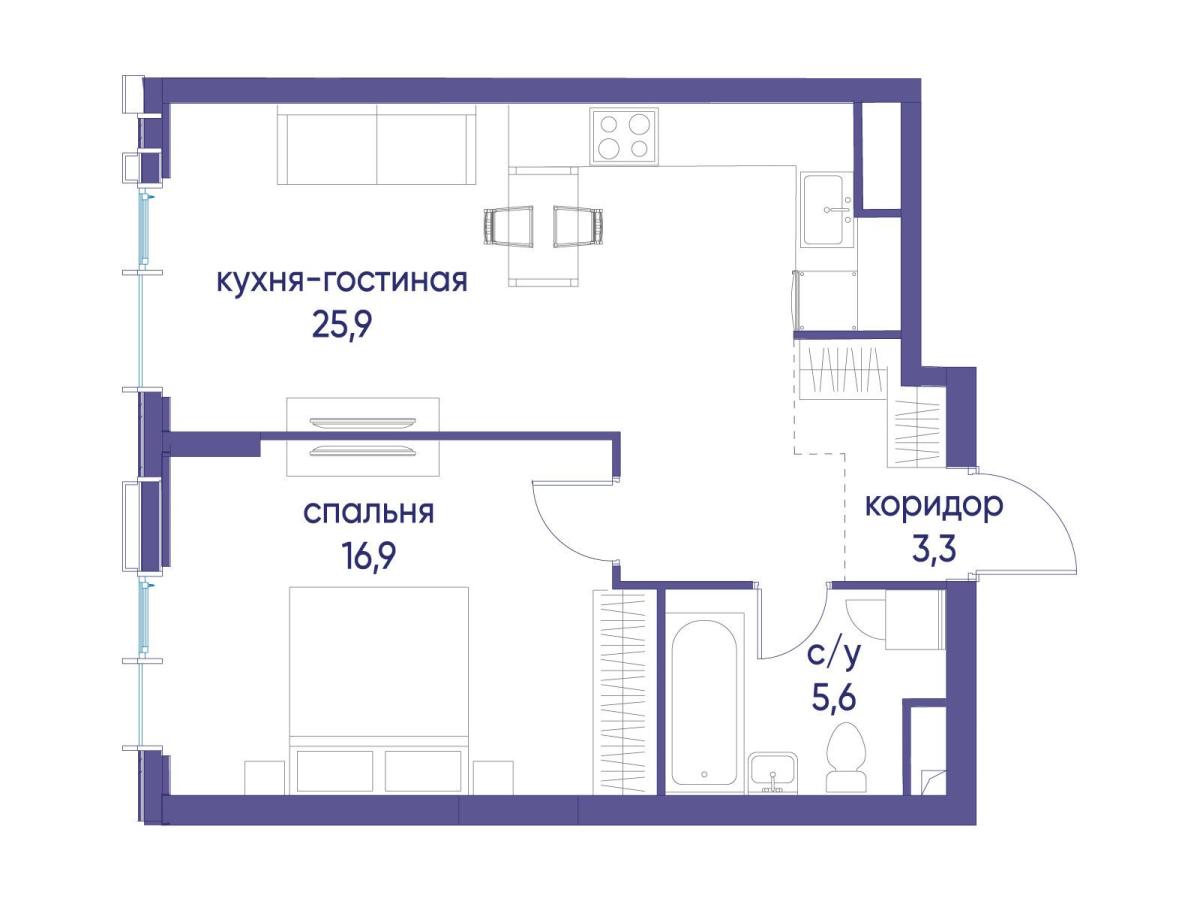 Планировка 1-комнатная квартира в ЖК "Событие"
