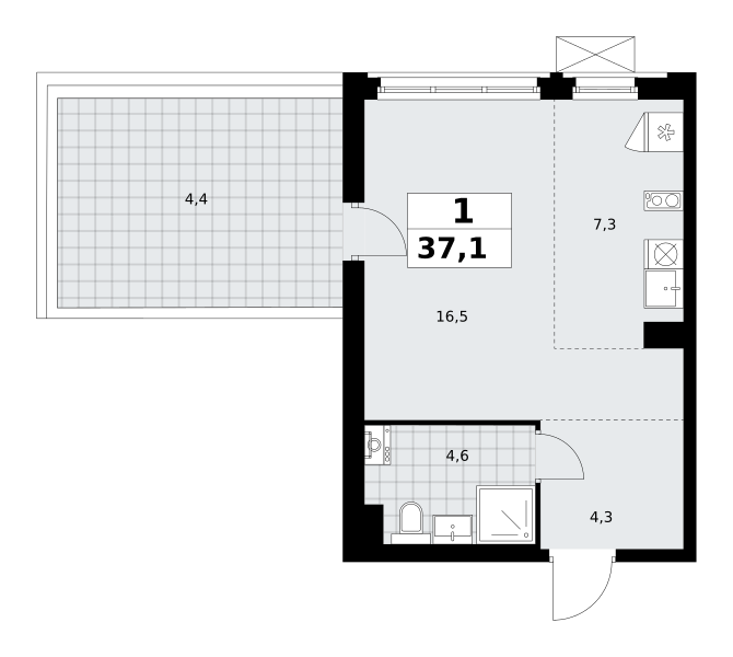 Планировка 1-комнатная квартира в ЖК "Прокшино"
