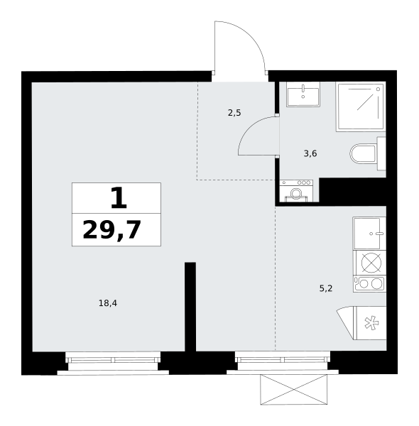 Планировка 1-комнатная квартира в ЖК "Прокшино"