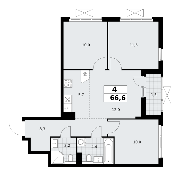 Планировка 4-комнатная квартира в ЖК "Бунинские Кварталы"
