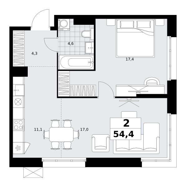 Планировка 2-комнатная квартира в ЖК "Дзен-кварталы"