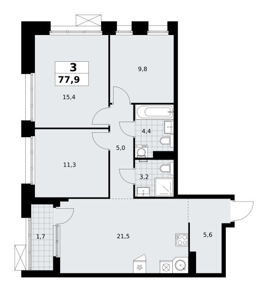 Планировка 3-комнатная квартира в ЖК "Прокшино"