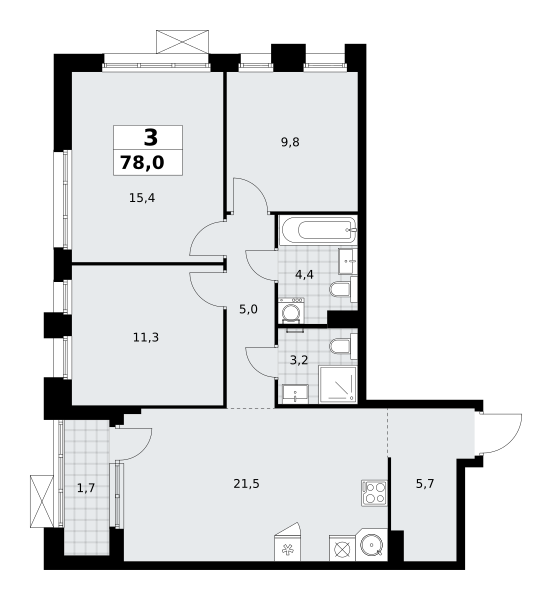 Планировка 3-комнатная квартира в ЖК "Прокшино"