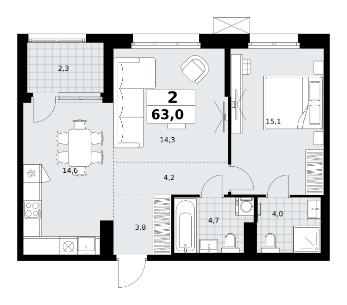 Планировка 2-комнатная квартира в ЖК "Дзен-кварталы"