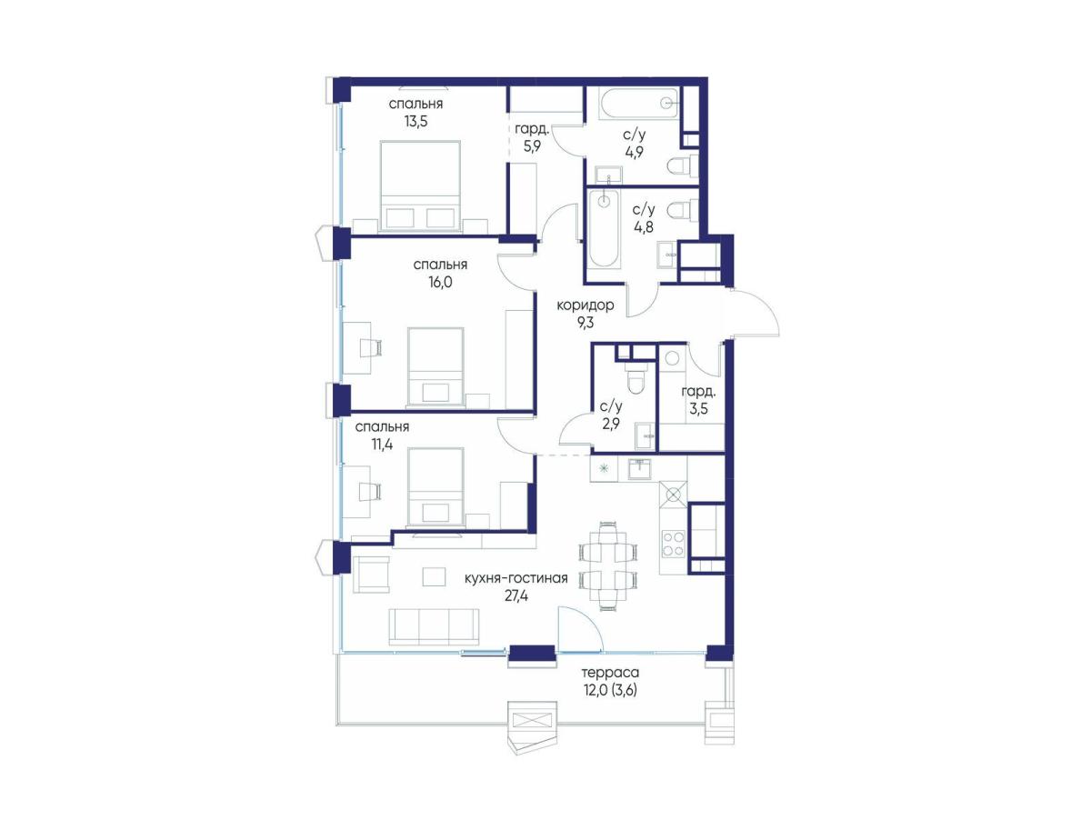 Планировка 3-комнатная квартира в ЖК "Остров"