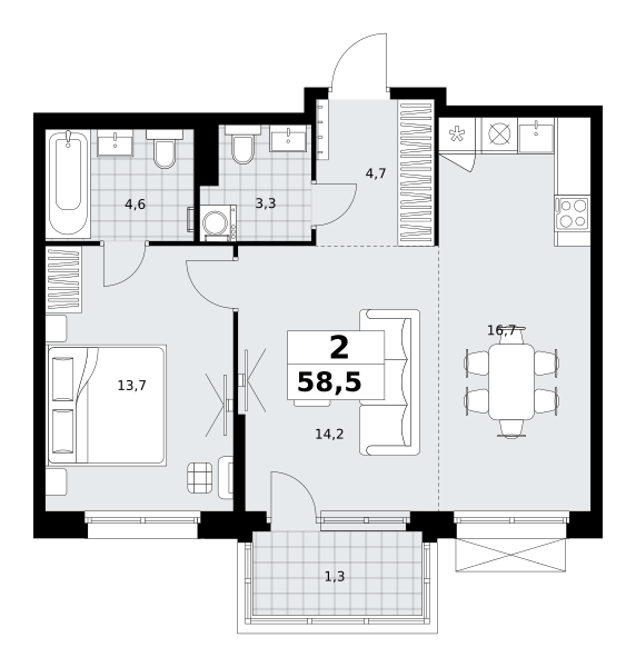 Планировка 2-комнатная квартира в ЖК "Дзен-кварталы"