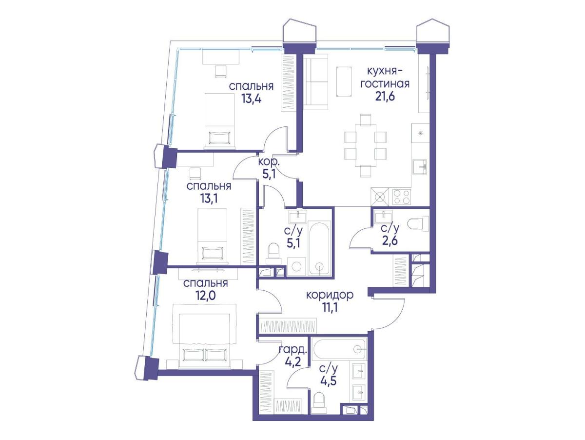Планировка 3-комнатная квартира в ЖК "Остров"