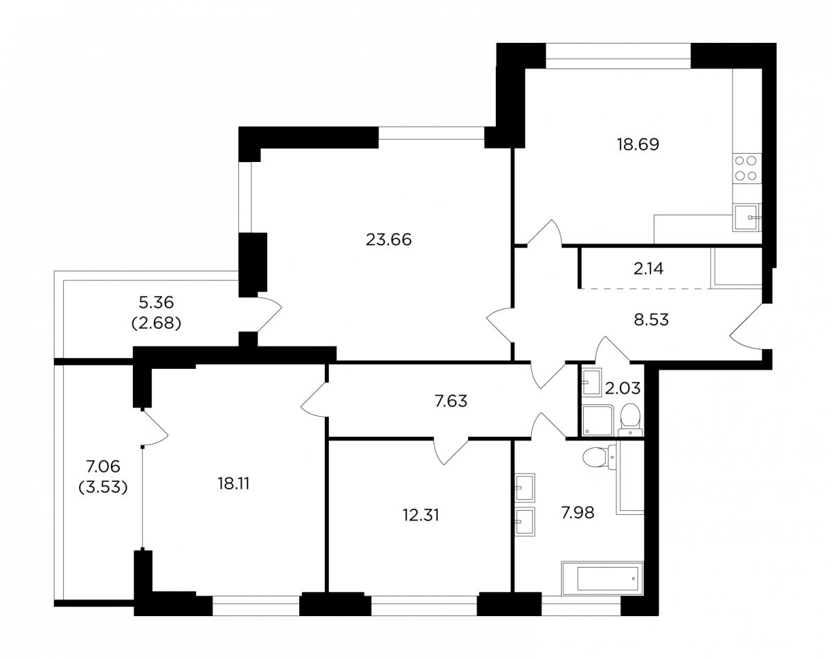 Планировка 3-комнатная квартира в ЖК River Sky (Ривер Скай)