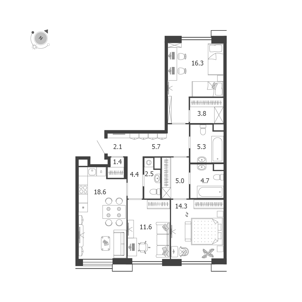 Планировка 3-комнатная квартира в ЖК Voxhall (Воксхолл)