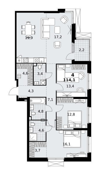 Планировка 4-комнатная квартира в ЖК "Дзен-кварталы"