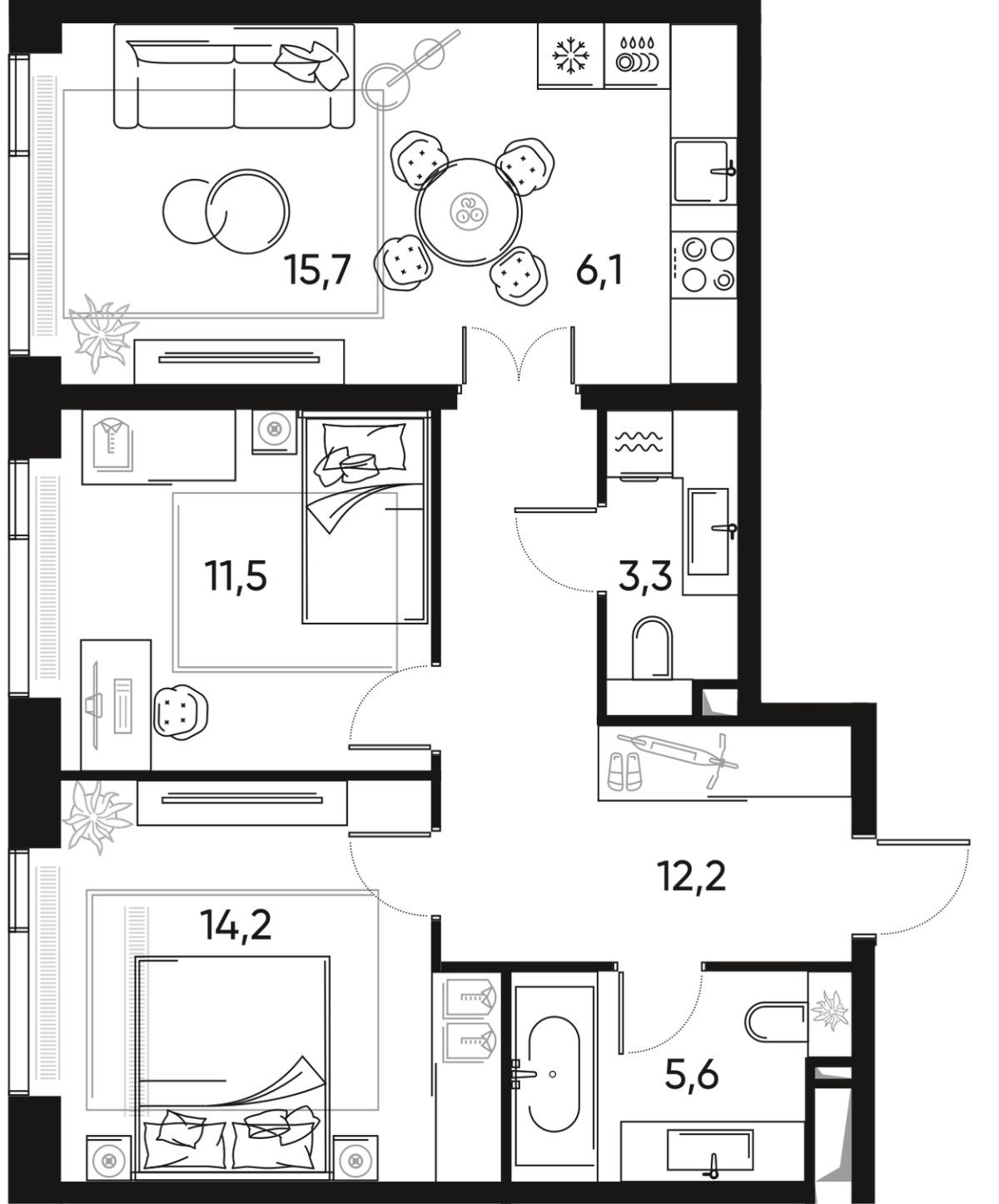 Планировка 3-комнатная квартира в ЖК "ПРАЙД" (Pride)