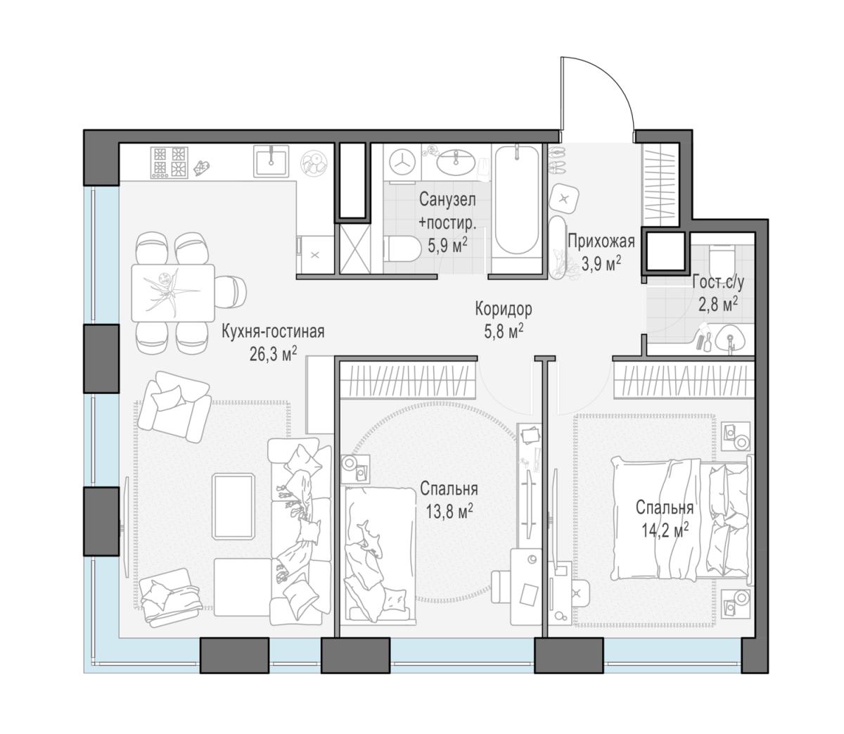 Планировка 3-комнатная квартира в ЖК West Garden (Вест Гарден)