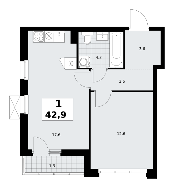 Планировка 1-комнатная квартира в ЖК "Прокшино"