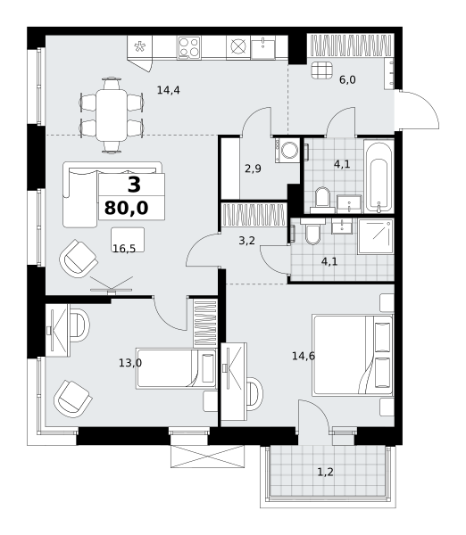 Планировка 3-комнатная квартира в ЖК "Дзен-кварталы"