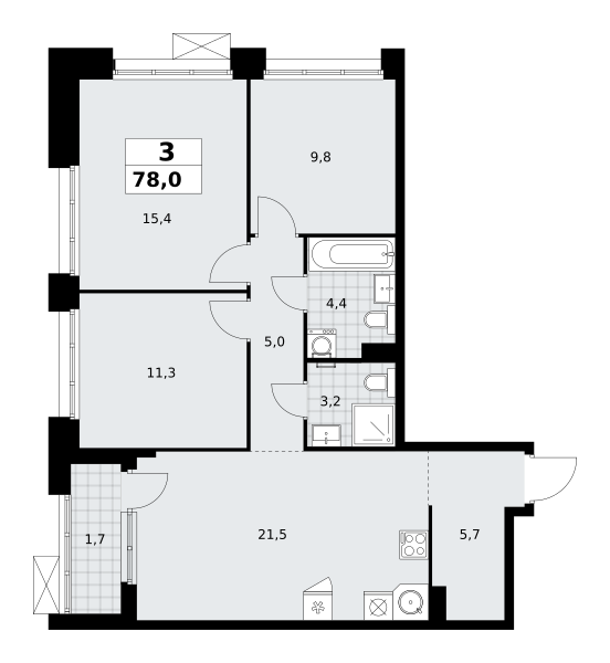 Планировка 3-комнатная квартира в ЖК "Прокшино"