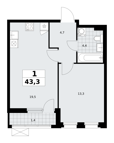 Планировка 1-комнатная квартира в ЖК "Прокшино"