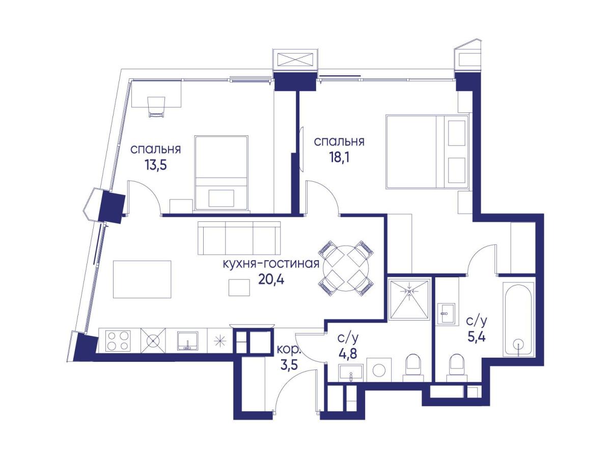 Планировка 2-комнатная квартира в ЖК "Остров"