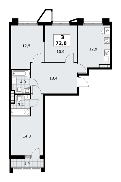 Планировка 3-комнатная квартира в ЖК "Прокшино"