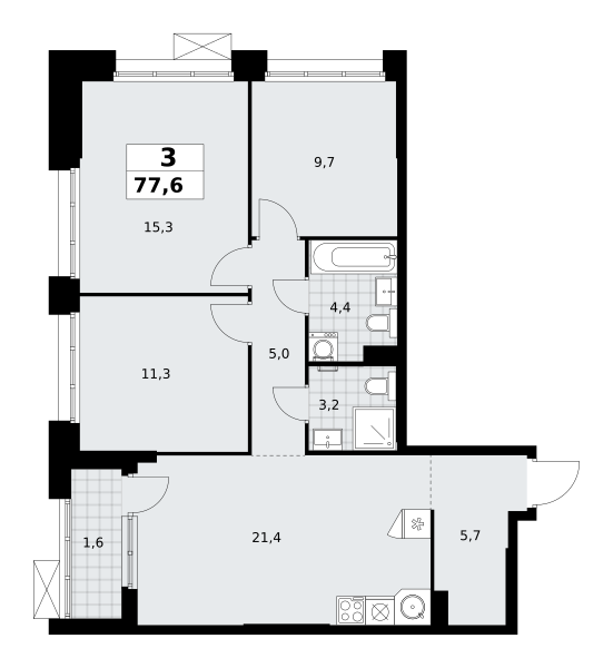 Планировка 3-комнатная квартира в ЖК "Прокшино"