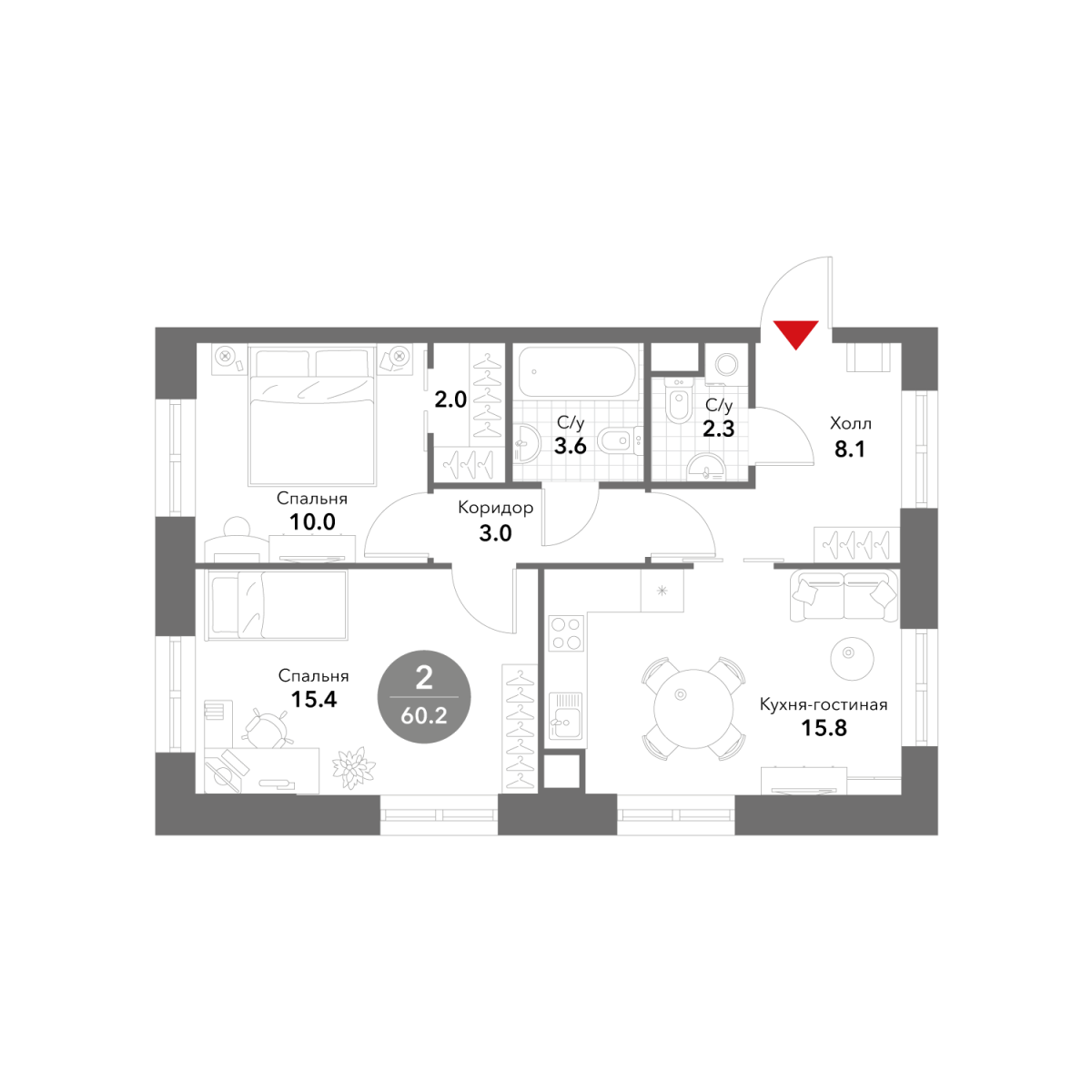 Планировка 2-комнатная квартира в ЖК Voxhall (Воксхолл)