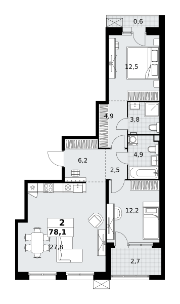Планировка 2-комнатная квартира в ЖК "Дзен-кварталы"