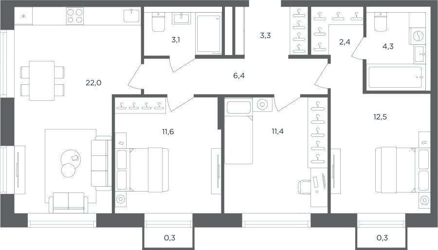 Планировка 3-комнатная квартира в ЖК "Равновесие"
