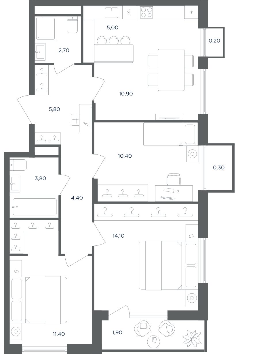 Планировка 4-комнатная квартира в ЖК "Равновесие"